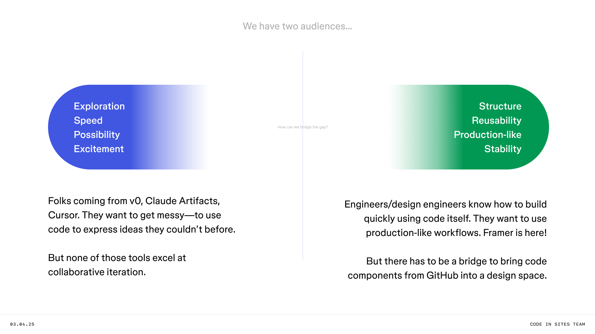 Two audiences — Exploration vs. Structure