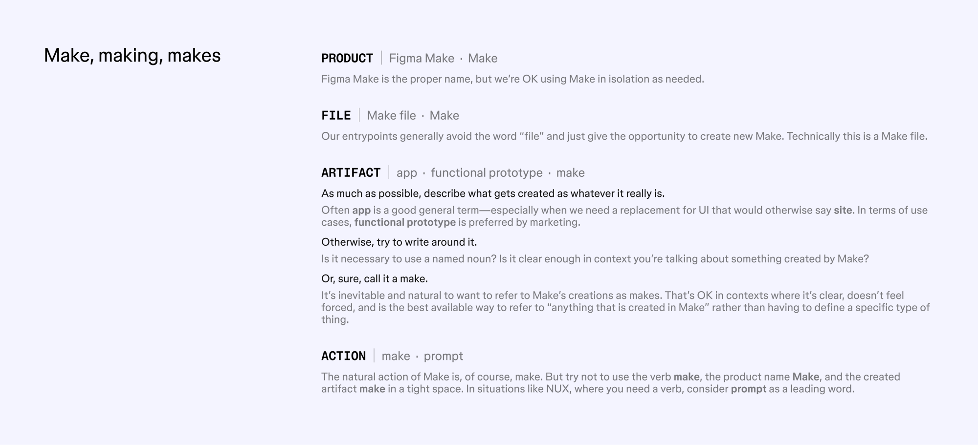 Make style guide — Product, File, Artifact, Action terminology
